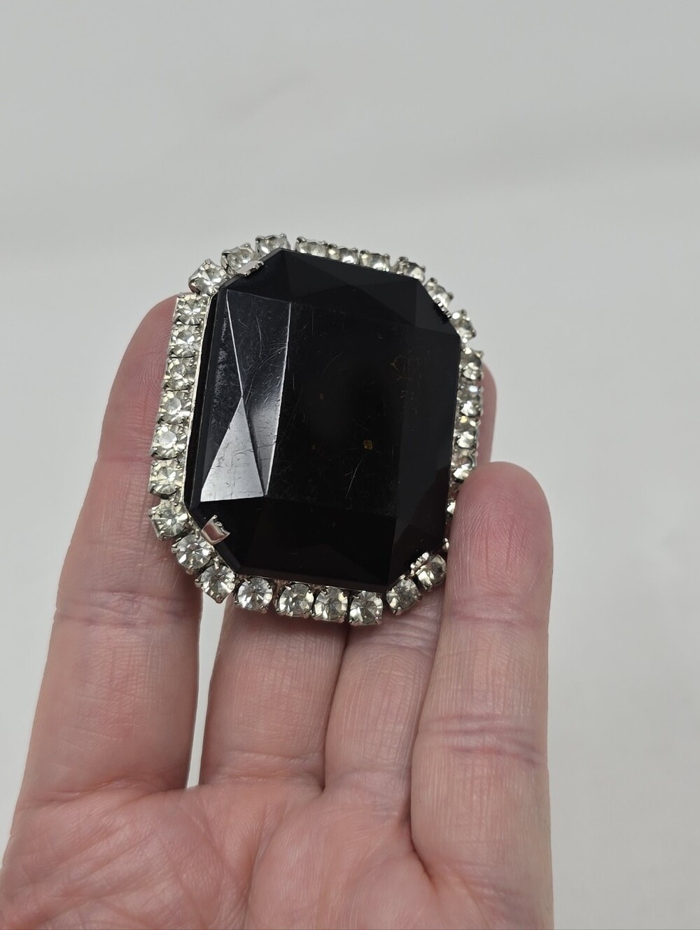 Vintage Black Faceted Resin Rhinestone Brooch Silver Tone Statement Pin